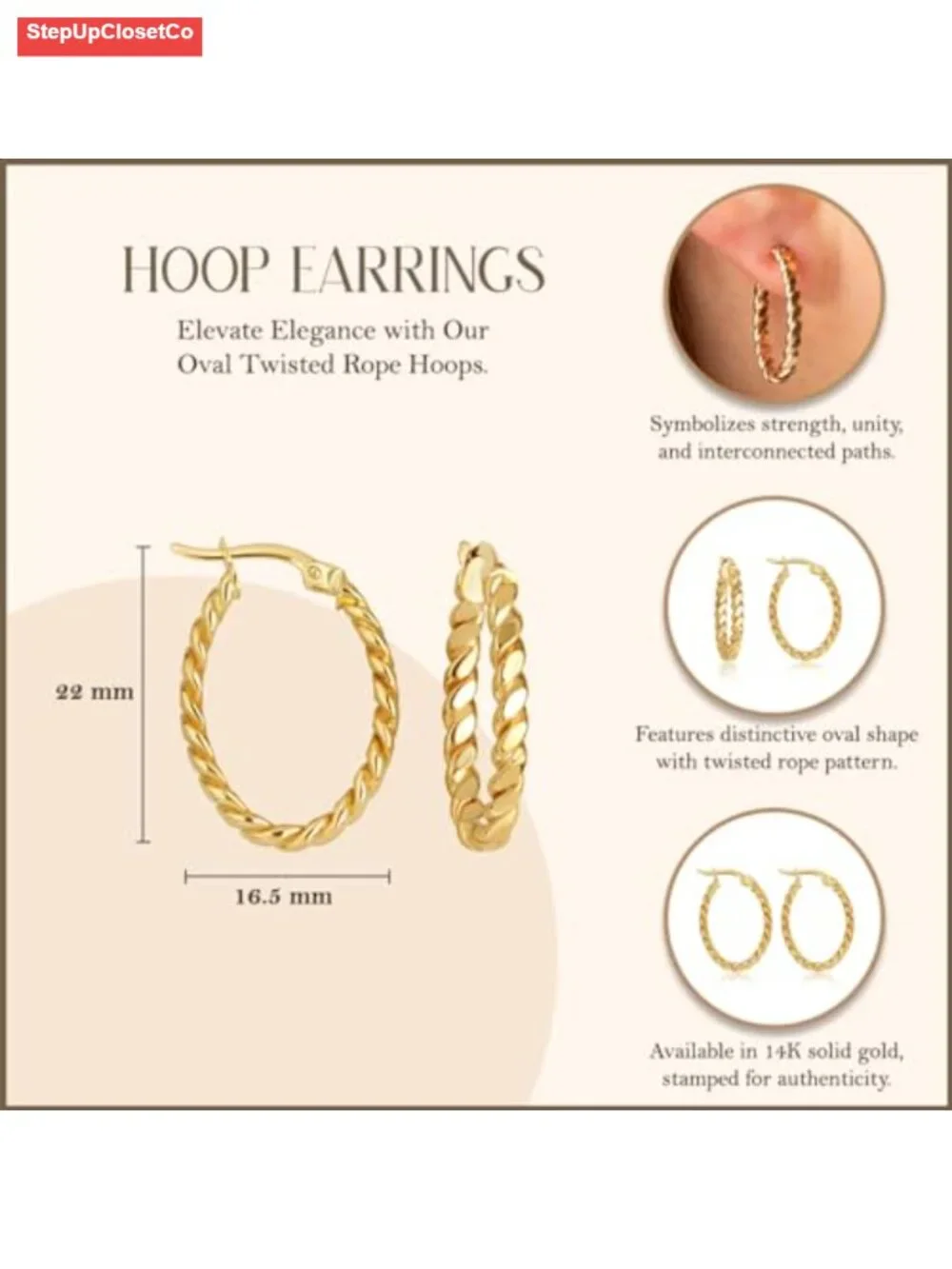 14K Yellow Gold Oval Twisted Rope Hoop Earrings